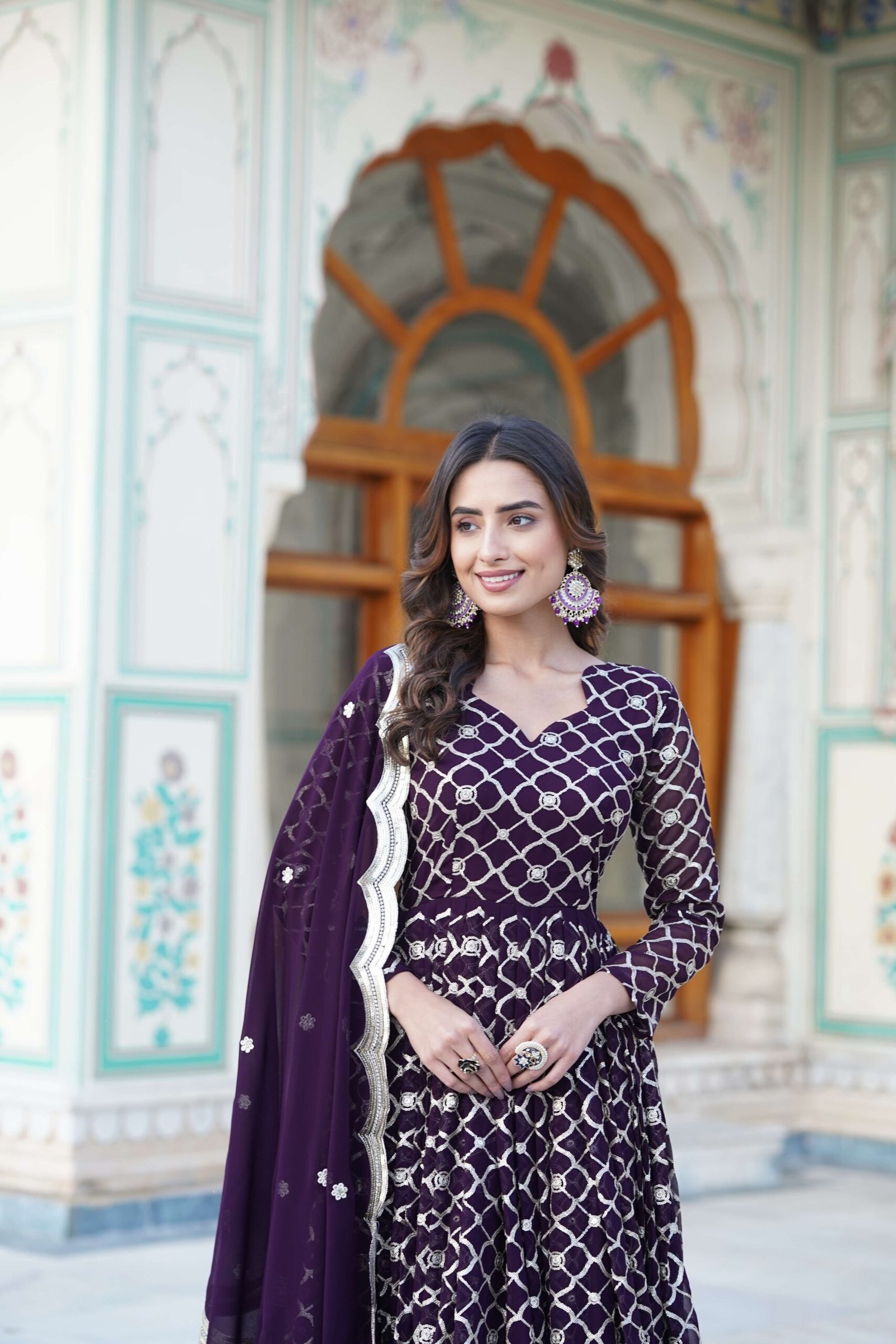 Wine Faux Blooming Designer Gown with Sequined Dupatta ? Elegant Fully Flared Party & Wedding Set